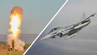 Ein Typhon-Raketensystem und ein Kampfjet vom Typ Eurofighter Typhoon sind nebeneinander abgebildet.