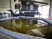 In einer Lagerhalle steht ein Becken mit dreckigem Wasser, im Hintergrund eine mobile Anlage.