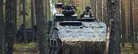 Ein Gefechtsfahrzeug fährt durch dichten Wald, ein Soldat schaut aus der Luke.