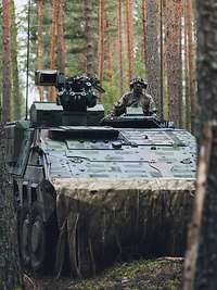 Ein Gefechtsfahrzeug fährt durch dichten Wald, ein Soldat schaut aus der Luke.