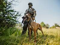 A masked soldier stands with his service dog in a meadow.