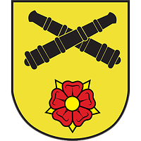 Zwei Kanonen, für die Artillerie, kreuzen sich auf goldenem Grund, darunter einer Lippische Rose.