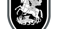 Schwarz-silbernes Wappen, in der Mitte silbern stilisiert der Heilige Georg als Herold zu Pferd