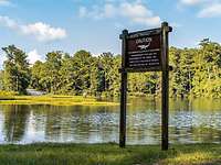 Tiere auf der Base An einem bewaldeten See steht ein Schild, dass davor warnt, die Alligatoren zu stören.