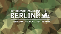 Eine Grafik mit Logo der Bundeswehrtagung Berlin 2025 und Text „Livestream am 7. November ab 9 Uhr" auf Polygonmuster