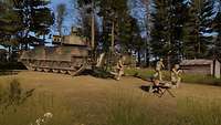 Computergrafik: Soldaten in Tarnuniform sind aus einem Panzer ausgestiegen und sichern das Umfeld.