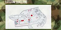 Schematischer Plan einer Kaserne mit roten und grauen Hervorhebungen