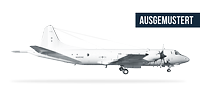 Ein Flugzeug vom Typ P-3C Orion freigestellt in Seitenansicht und der Schriftzug „Ausgemustert“.