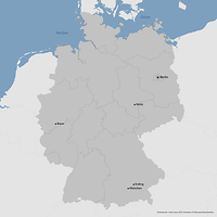 Eine Karte von Deutschland, die mehrere Innovationsstandorte der Bundeswehr zeigt.