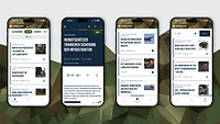 Mehrere Mobiltelefone nebeneinander, auf denen die Bundeswehr-Newsradar-App zu sehen ist.