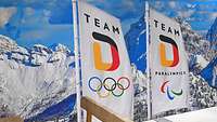 2 Fahnen mit Team D darauf und dem Logo von Olympia und Paralympics, dahinter verschneite Berge