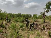 Ghanaische Soldaten stehen mit den deutschen Ausbildern im Gelände und üben verschiedene Methoden.
