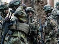 Mehrere Soldaten mit Ausrüstung stehen zusammen im Wald und sprechen miteinander.