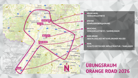 Eine Landkarte mit einem eingezeichnetem Übungsraum und einer Legende.
