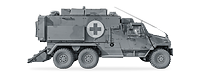 Ein gepanzertes Militärfahrzeug mit Rotem Kreuz freigestellt in Seitenansicht