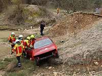 Ein Auto mit Insassen wird von Feuerwehrkräften am Ufer eines Sees eine Böschung hinaufgezogen.
