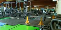 Der Fitnessbereich. In einer Halle stehen mehrere Sportgeräte.
