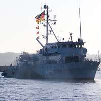 Das Minenjagdboot „Fulda“ in See.