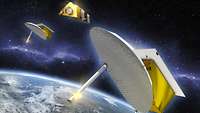 Grafik eines Satellitensystems im Weltraum.