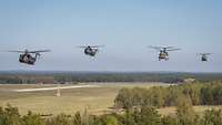 Vier Hubschrauber, zwei vom Typ CH-53 und zwei CH-47, fliegen gemeinsam in einer Formation.