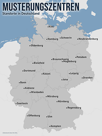 Eine Karte mit dem Text „Musterungszentren“ zeigt 24 Städte in Deutschland.