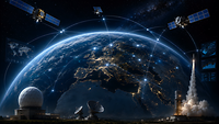 Vernetzte Weltrauminfrastruktur mit Satelliten, Bodenstationen und Startsystemen über Europa