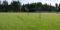 Eine Wiese mit einem Fussballtor darauf, im Hintergrund ist Wald.