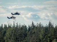 Zwei Kampfhubschrauber Tiger schweben bei der Schussabgabe über Baumwipfeln.