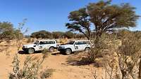 Zwei geparkte UN-Fahrzeuge von Militärbeobachtern in der Westsahara
