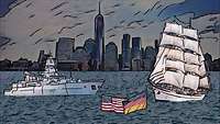 Fregatte Sachsen und Gorch Fock im Pop Art Stil vor der Skyline in New York.