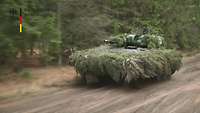 Ein Schützenpanzer Puma fährt auf einem sandigen Weg. An einem Waldrand entlang.
