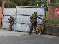 Zwei Soldaten mit einem Hund auf einem Außengelände. Der Hund schnüffelt an einer Mauer.