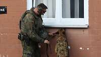 Ein Soldat leitet seinen Hund an eine Fensterbank abzuspüren