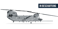 Der Transporthubschrauber CH-47 freigestellt in Seitenansicht und der Schriftzug „in Beschaffung“.