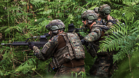 Drei Soldaten laufen mit Waffen am Anschlag durch einen dicht bewachsenen Wald