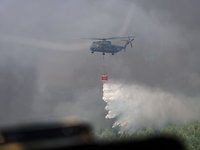 Ein Militärhubschrauber wirft aus einem unten hängenden Tank Wasser über einem Brandgebiet ab