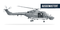 Der Bordhubschrauber Sea Lynx freigestellt in Seitenansicht und der Schriftzug „Ausgemustert“.