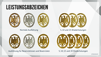 Eine Grafik zeigt unterschiedliche Ausführungen des Leistungsabzeichens.