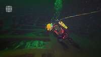 Ein Taucher unter Wasser an einem Schiffswack