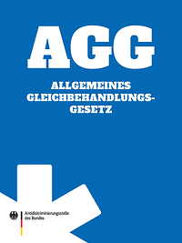 Erste Seite einer Broschüre in blau mit dem Titel in weiß "Allgemeines Gleichbehandlugnsgesetz"