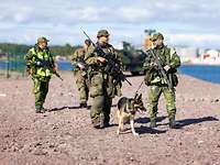 Vier Soldaten patrouillieren mit Waffen in einem Hafen, einer der Soldaten führt dabei einen Hund an der Leine