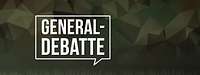 Eine Sprechblase mit dem Text „Generaldebatte“, darunter eine Audiospur und Polygon im Hintergrund