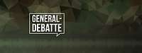 Eine Sprechblase mit dem Text „Generaldebatte“, darunter eine Audiospur und Polygon im Hintergrund