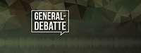 Eine Sprechblase mit dem Text „Generaldebatte“, darunter eine Audiospur und Polygon im Hintergrund