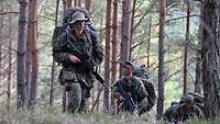 Soldaten mit Gewehren und Rucksäcken marschieren in Reihe im Zickzack durch einen Nadelwald.