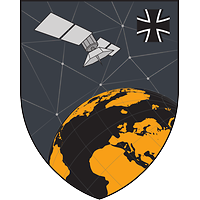 Wappen mit einer Weltkugel und einem Satelliten. 