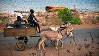 Ein einfacher Wagen mit drei Eseln fährt mit zwei Malis auf einer Straße am Nigerufer