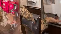 Soldat wäscht, trocknet und desinfiziert sich die Hände