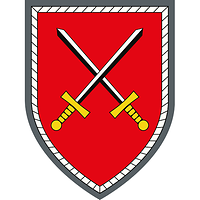 Two crossed black and white swords with golden handles set on a red field.