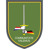 Auf grünem Grund halten zwei Hände mit Ärmeln als deutsche und niederländische Flagge ein Schwert